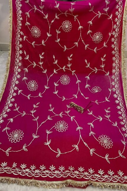 Premium Georgette Gota Patti Saree with Hand Gota Patti Work and Designer Border in Magenta Multicolor Shade