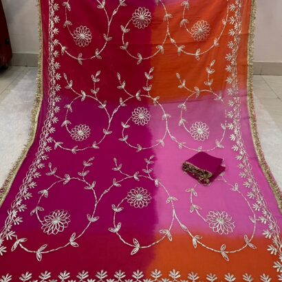 Premium Georgette Gota Patti Saree with Hand Gota Patti Work and Designer Border in Rani Pink Multicolor Shades