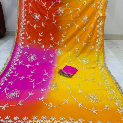 Premium Georgette Gota Patti Saree with Hand Gota Patti Work and Designer Border in Yellow Multicolor Shades