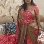 Brown and Red Pure Gajji Silk Bandhani Saree with Designer Bandhej Print, Original Mirror Work, Contrast Red Blouse Piece, Traditional Ethnic Wear for Weddings and Festivals