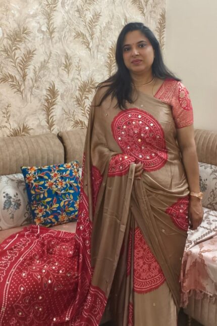 Brown and Red Pure Gajji Silk Bandhani Saree with Designer Bandhej Print, Original Mirror Work, Contrast Red Blouse Piece, Traditional Ethnic Wear for Weddings and Festivals