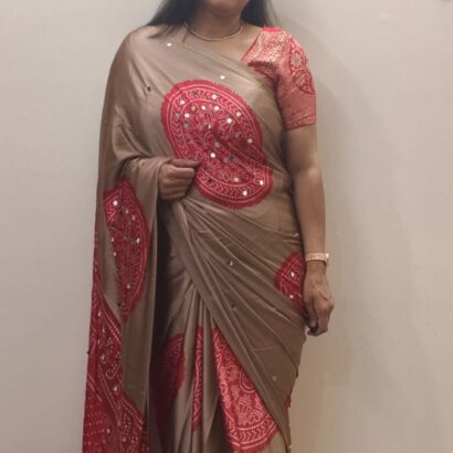Brown and Red Pure Gajji Silk Bandhani Saree with Designer Bandhej Print, Original Mirror Work, Contrast Red Blouse Piece, Traditional Ethnic Wear for Weddings and Festivals