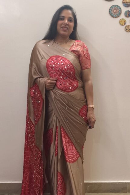 Brown and Red Pure Gajji Silk Bandhani Saree with Designer Bandhej Print, Original Mirror Work, Contrast Red Blouse Piece, Traditional Ethnic Wear for Weddings and Festivals
