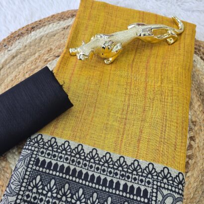 Mustard Yellow Linen Cotton Madhubani Print Saree with traditional black and beige ethnic motifs, artistic printed pallu and border, matching black blouse fabric, festive wear saree for women.
