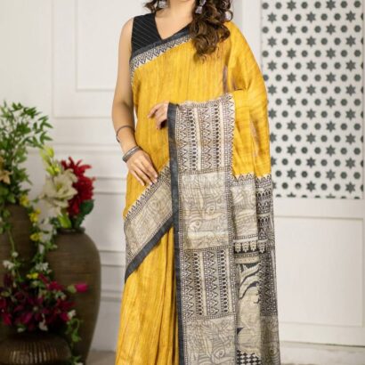 Mustard Yellow Linen Cotton Madhubani Print Saree with traditional black and beige ethnic motifs, artistic printed pallu and border, matching black blouse fabric, festive wear saree for women.