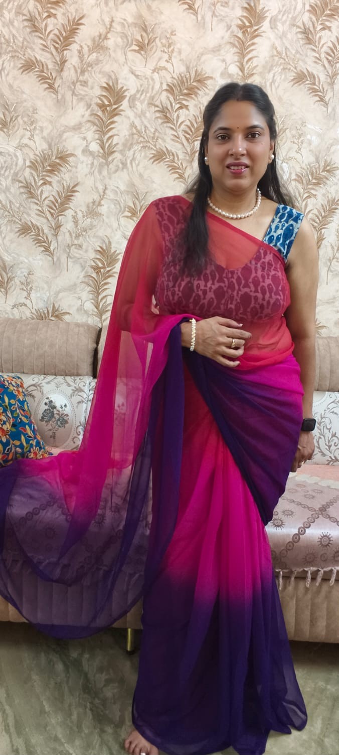 Alia Bhatt Inspired Georgette Saree in Pink Purple Ombre Shade, Soft Georgette Multi Shade Flowy Saree Without Blouse