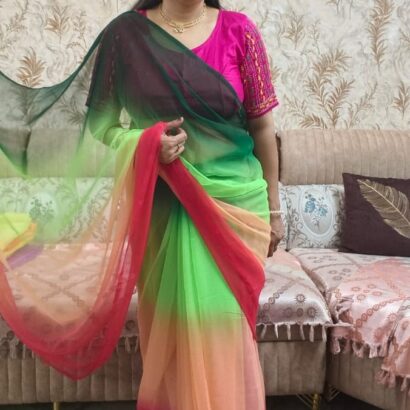 Alia Bhatt Inspired Georgette Saree in Green Peach Pink Ombre Shade, Soft Georgette Multi Shade Flowy Saree Without Blouse