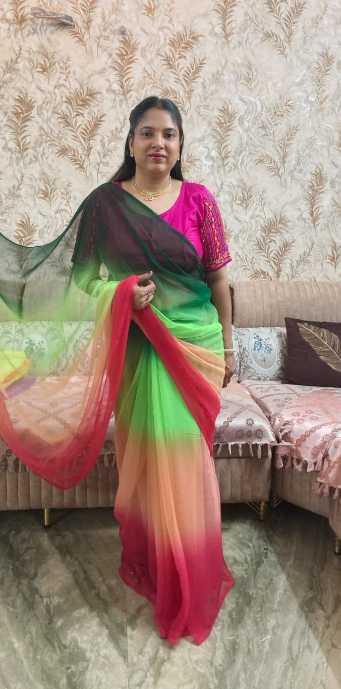 Alia Bhatt Inspired Georgette Saree in Green Peach Pink Ombre Shade, Soft Georgette Multi Shade Flowy Saree Without Blouse