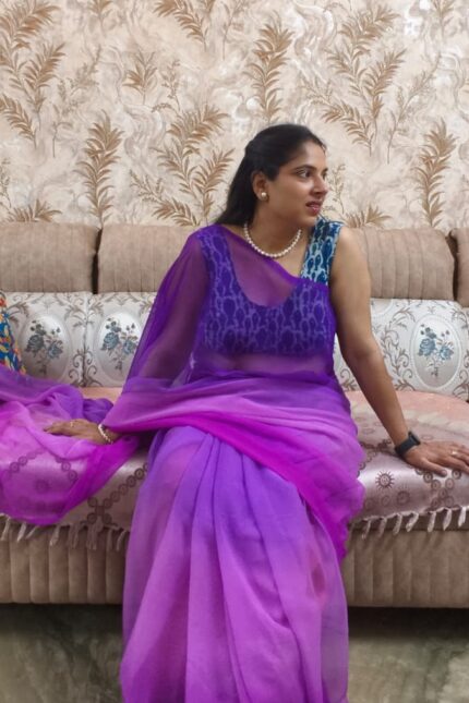 Alia Bhatt Inspired Georgette Saree in Lavender Purple Ombre Shade, Soft Georgette Multi Shade Flowy Saree Without Blouse