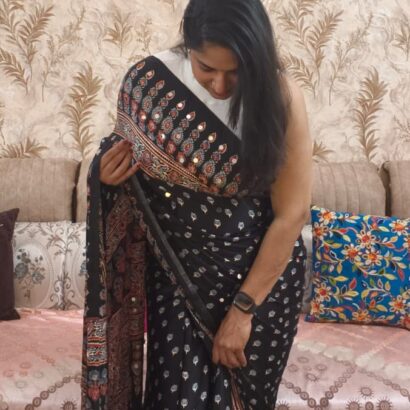 Designer Black Ajrakh Print Gajji Silk Saree with Original Mirror Work, Traditional Floral Print Modal Silk Saree for Party and Festive Wear
