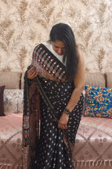 Designer Black Ajrakh Print Gajji Silk Saree with Original Mirror Work, Traditional Floral Print Modal Silk Saree for Party and Festive Wear