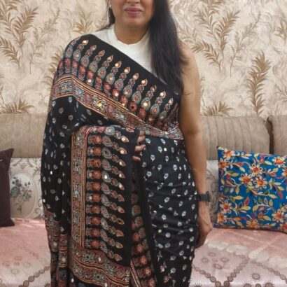 Black Ajrakh Print Gajji Silk Saree with Original Mirror Work, Floral Border Design, Traditional Modal Silk Party Wear Saree with Printed Blouse