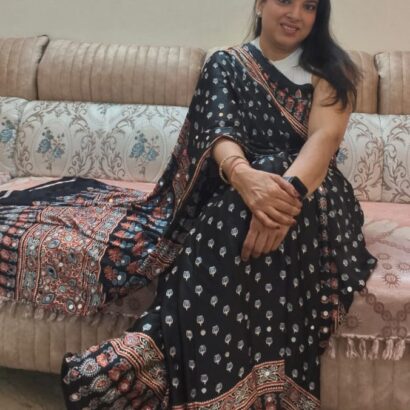 Designer Black Ajrakh Print Gajji Silk Saree with Original Mirror Work, Traditional Floral Print Modal Silk Saree for Party and Festive Wear