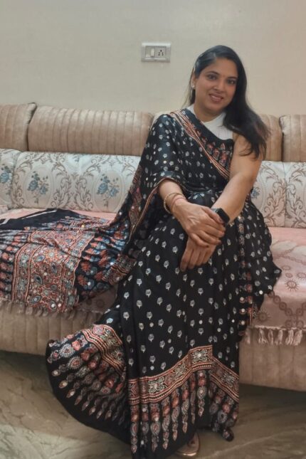 Designer Black Ajrakh Print Gajji Silk Saree with Original Mirror Work, Traditional Floral Print Modal Silk Saree for Party and Festive Wear