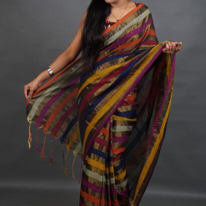 Designer Mul Cotton Tissue Saree with Multicolor Stripes, elegant all-over body striped pattern, lightweight tissue cotton fabric, festive wear saree with tassel pallu and rich traditional look.