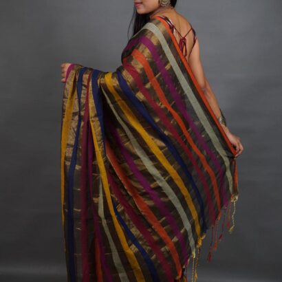 Designer Mul Cotton Tissue Saree with Multicolor Stripes, elegant all-over body striped pattern, lightweight tissue cotton fabric, festive wear saree with tassel pallu and rich traditional look.