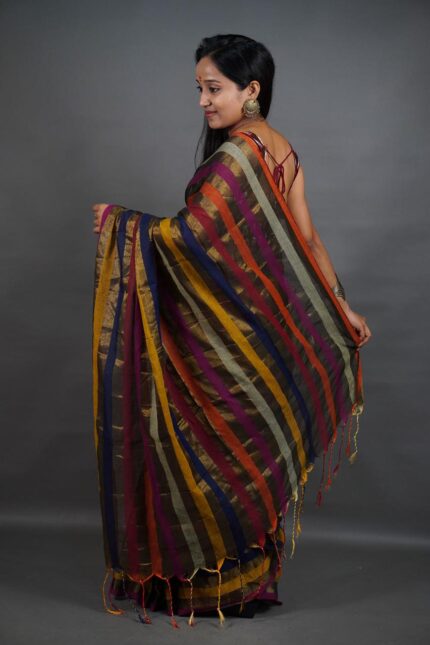 Designer Mul Cotton Tissue Saree with Multicolor Stripes, elegant all-over body striped pattern, lightweight tissue cotton fabric, festive wear saree with tassel pallu and rich traditional look.