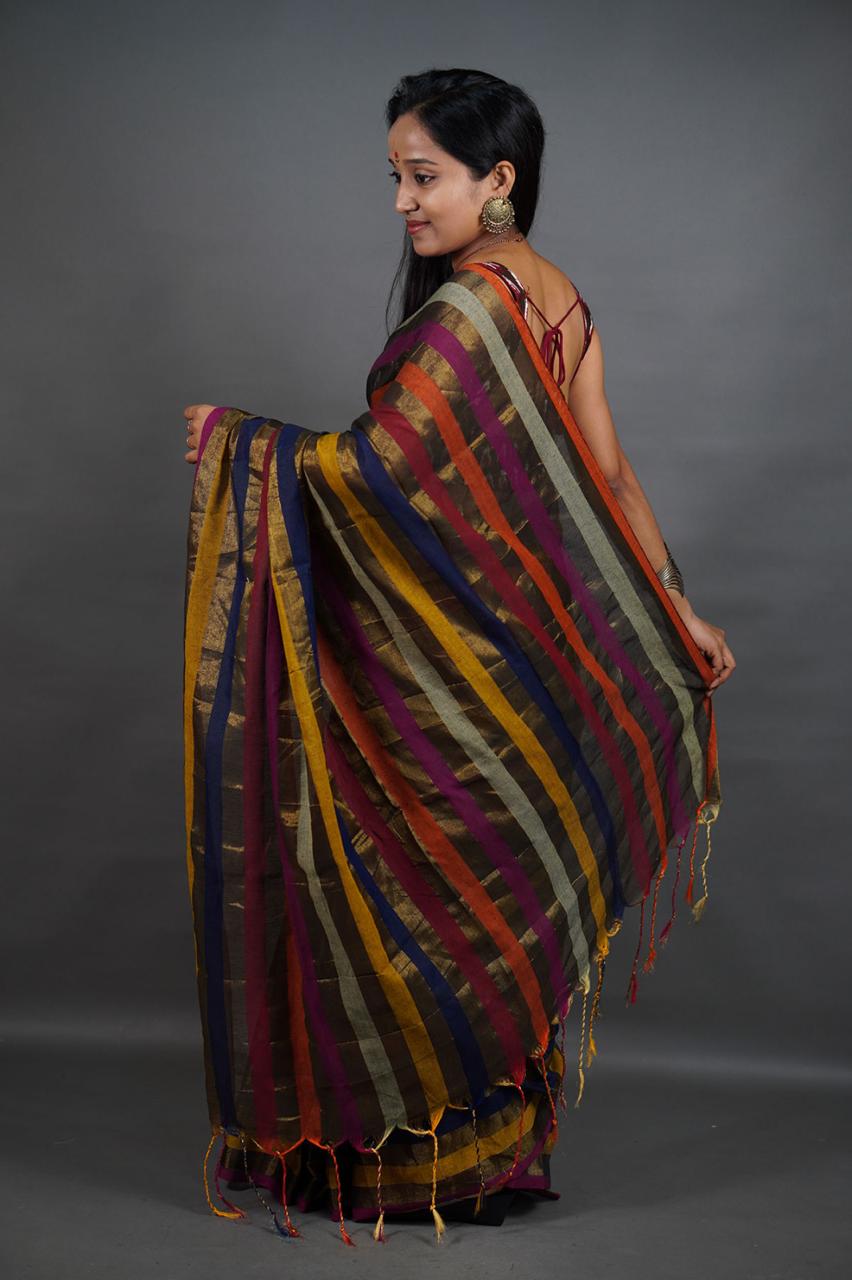 Designer Mul Cotton Tissue Saree Designer Mul Cotton Tissue Saree with Multicolor Stripes, elegant all-over body striped pattern, lightweight tissue cotton fabric, festive wear saree with tassel pallu and rich traditional look.