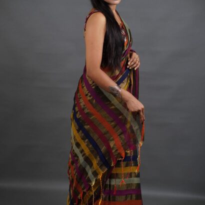Multicolor Striped Designer Mul Cotton Tissue Saree with Tassels and Elegant Traditional Appeal