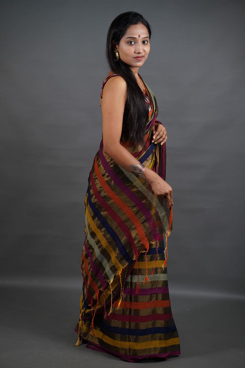 Multicolor Striped Designer Mul Cotton Tissue Saree with Tassels and Elegant Traditional Appeal