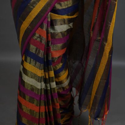 Designer Mul Cotton Tissue Saree with Multicolor Stripes, elegant all-over body striped pattern, lightweight tissue cotton fabric, festive wear saree with tassel pallu and rich traditional look.