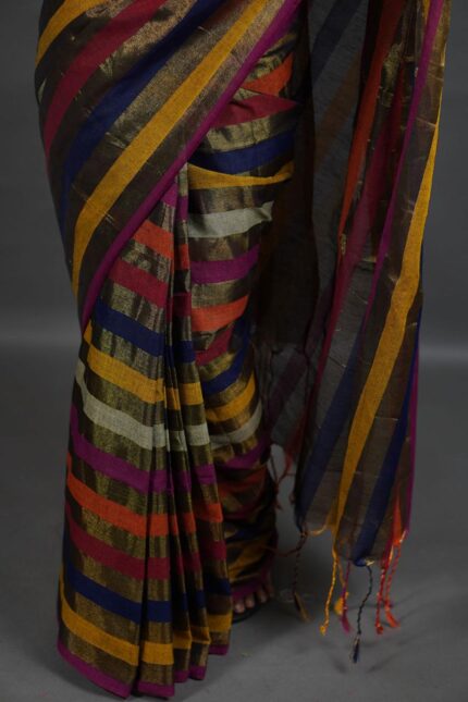 Designer Mul Cotton Tissue Saree with Multicolor Stripes, elegant all-over body striped pattern, lightweight tissue cotton fabric, festive wear saree with tassel pallu and rich traditional look.