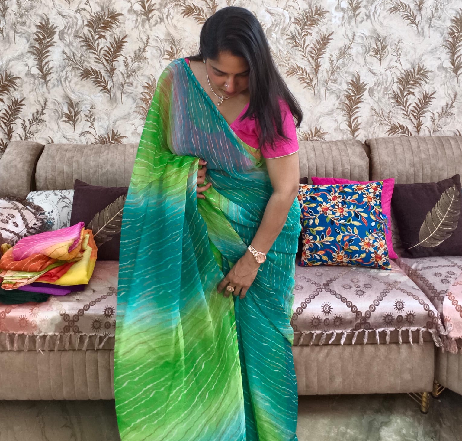 Multicolor Chiffon Saree featuring vibrant gradient shades, stylish wavy stripe pattern, lightweight flowing fabric, and graceful drape, perfect for festive wear, parties, brunch outings, and special occasions.