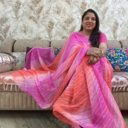 Multicolor Chiffon Saree featuring vibrant gradient shades, stylish wavy stripe pattern, lightweight flowing fabric, and graceful drape, perfect for festive wear, parties, brunch outings, and special occasions.