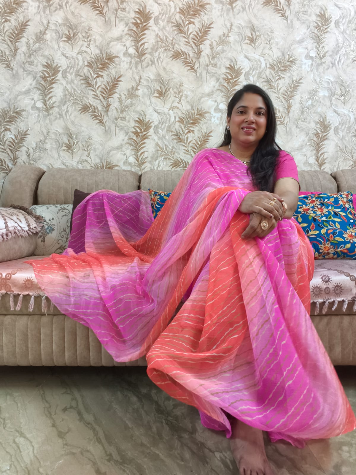 Multicolor Chiffon Saree featuring vibrant gradient shades, stylish wavy stripe pattern, lightweight flowing fabric, and graceful drape, perfect for festive wear, parties, brunch outings, and special occasions.