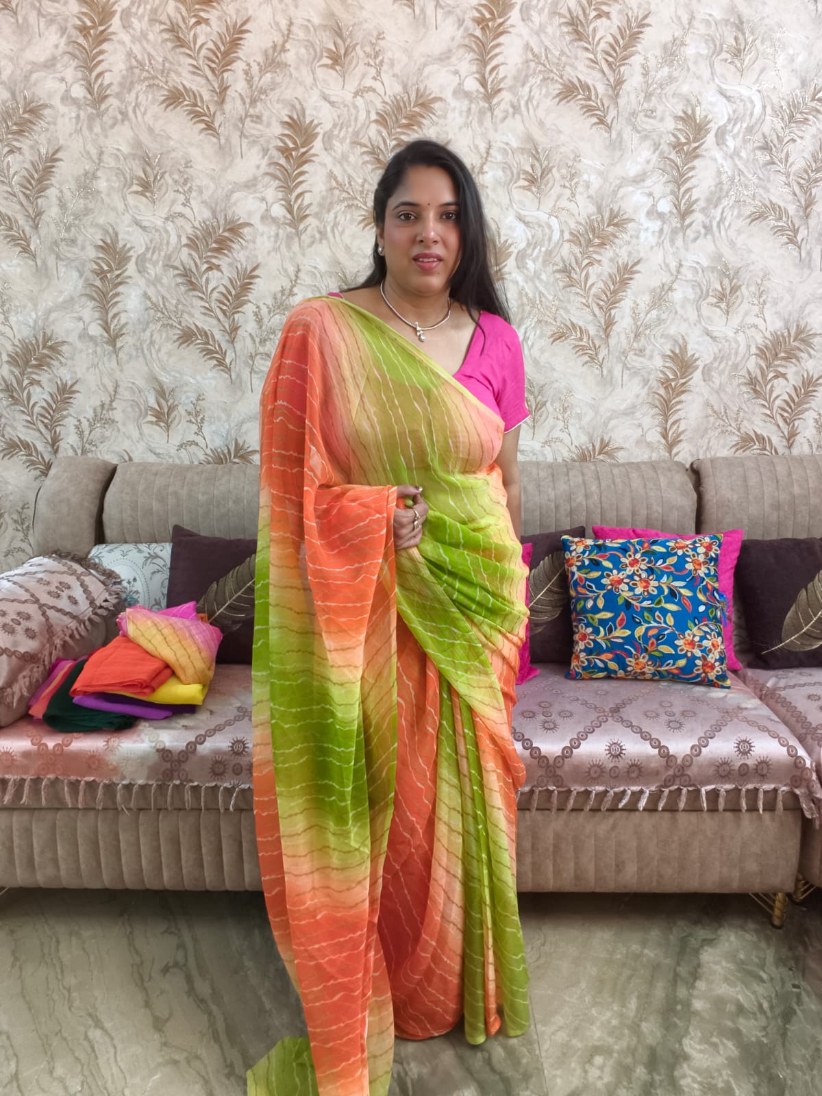 Multicolor Chiffon Saree featuring vibrant gradient shades, stylish wavy stripe pattern, lightweight flowing fabric, and graceful drape, perfect for festive wear, parties, brunch outings, and special occasions.