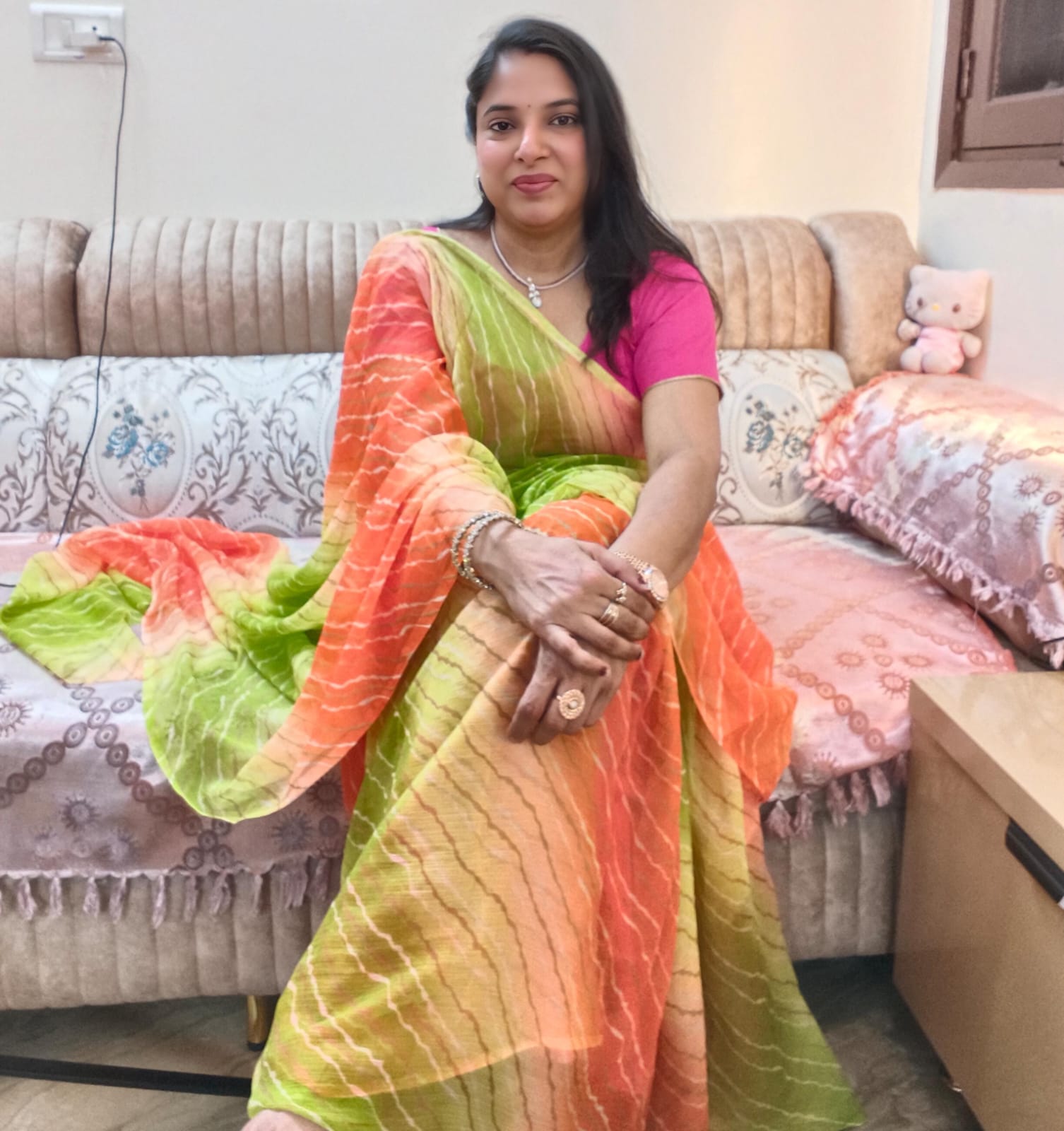 Multicolor Chiffon Saree featuring vibrant gradient shades, stylish wavy stripe pattern, lightweight flowing fabric, and graceful drape, perfect for festive wear, parties, brunch outings, and special occasions.