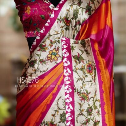 Pure Gajji Silk Saree with Kalamkari floral print, vibrant orange and rani pink Sibori design, Khaddi zari pallu, and elegant traditional festive wear look.
