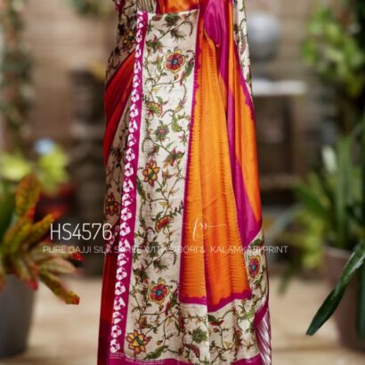 Pure Gajji Silk Saree with Kalamkari floral print, vibrant orange and rani pink Sibori design, Khaddi zari pallu, and elegant traditional festive wear look.