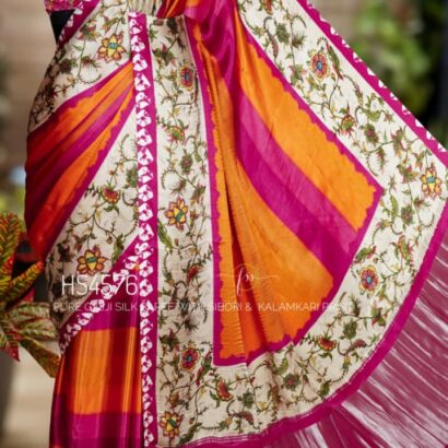 Pure Gajji Silk Saree with Kalamkari floral print, vibrant orange and rani pink Sibori design, Khaddi zari pallu, and elegant traditional festive wear look.