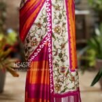 Pure Gajji Silk Saree with Kalamkari floral print, vibrant orange and rani pink Sibori design, Khaddi zari pallu, and elegant traditional festive wear look.
