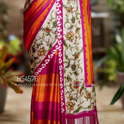 Pure Gajji Silk Saree with Kalamkari floral print, vibrant orange and rani pink Sibori design, Khaddi zari pallu, and elegant traditional festive wear look.
