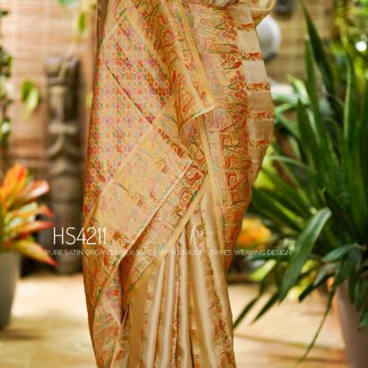 Cream Multicolor Satin Organza Silk Saree with sunset stripe pattern, rangkat dyeing, brocade border, woven buties and elegant pastel gradient design.