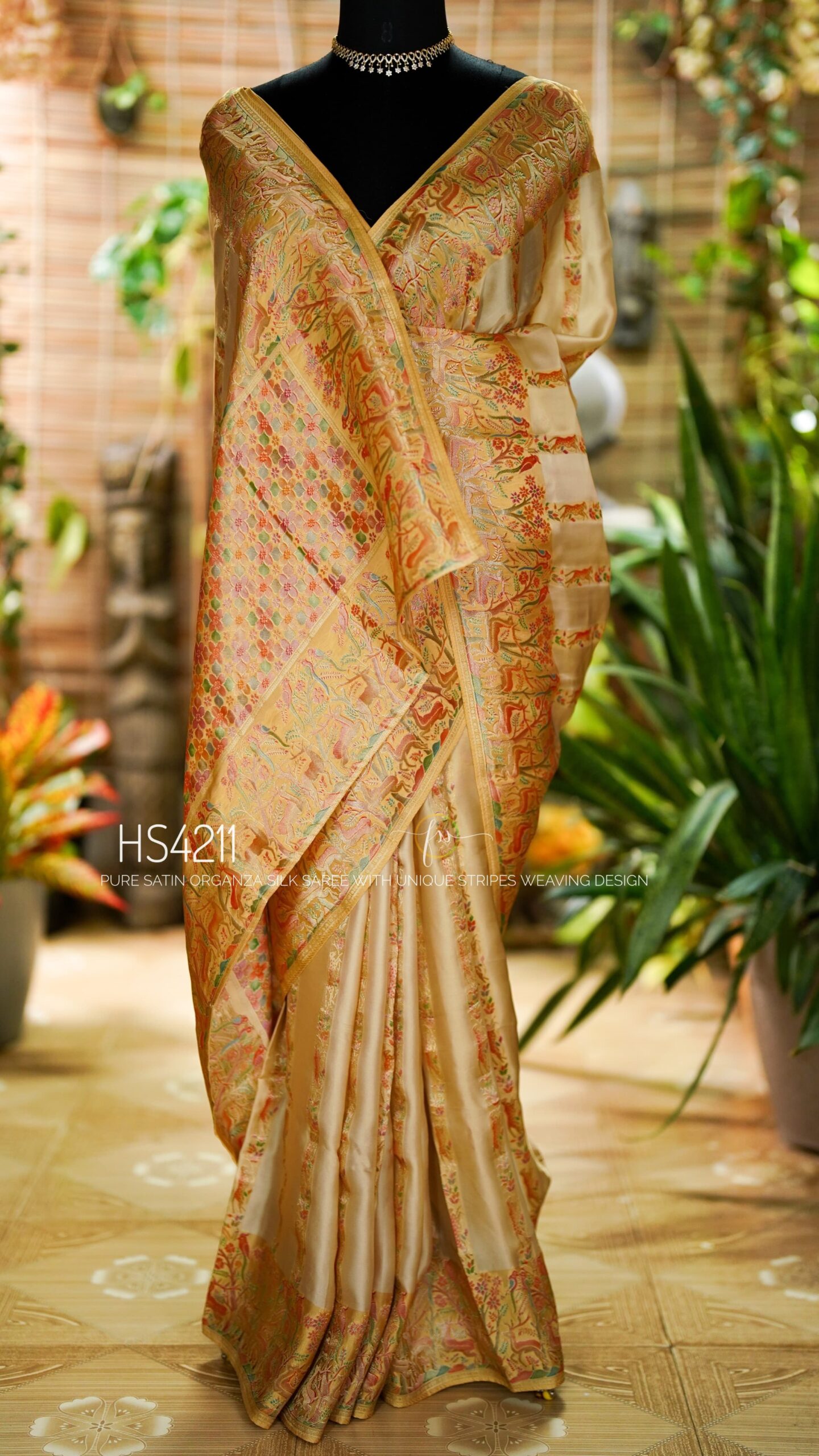 Cream Multicolor Satin Organza Silk Saree with sunset stripe pattern, rangkat dyeing, brocade border, woven buties and elegant pastel gradient design.