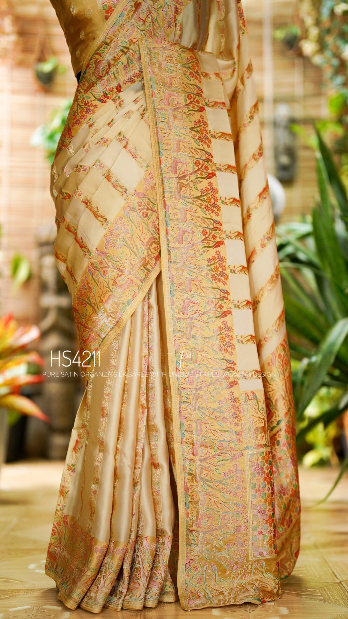 Cream Multicolor Satin Organza Silk Saree