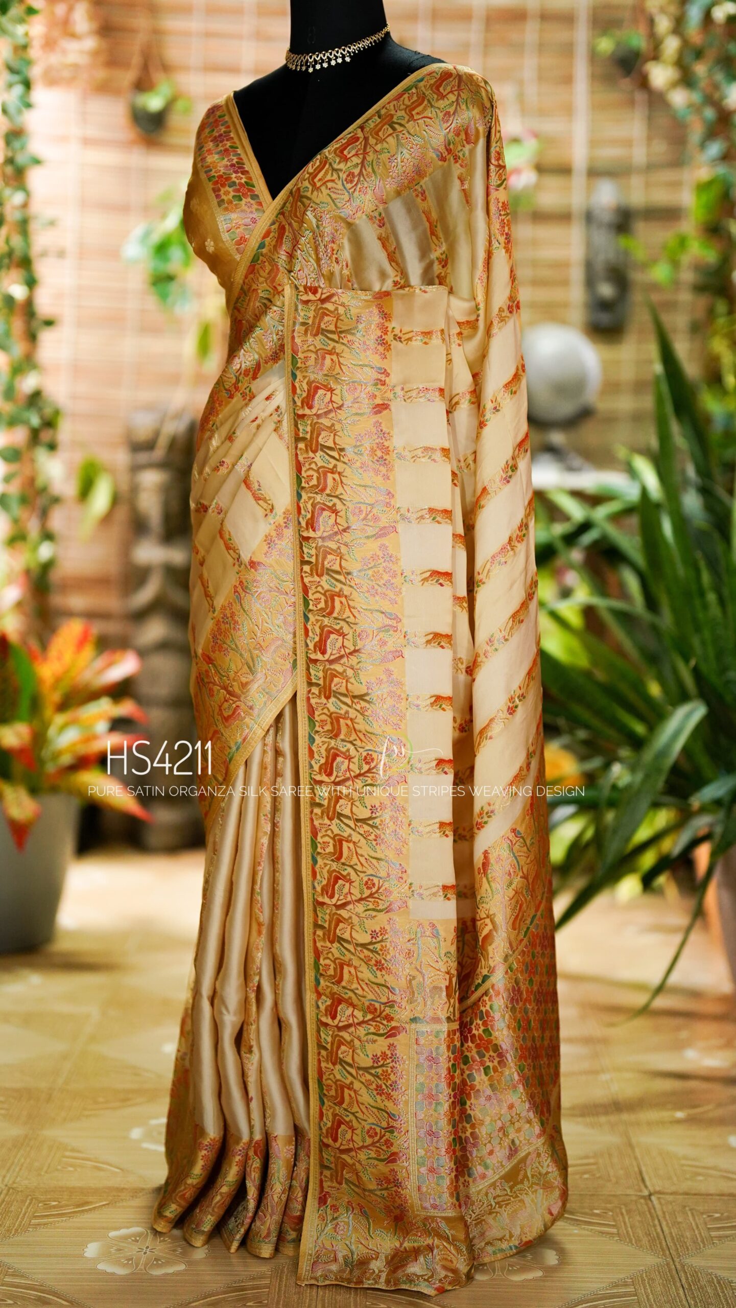 Cream Multicolor Satin Organza Silk Saree