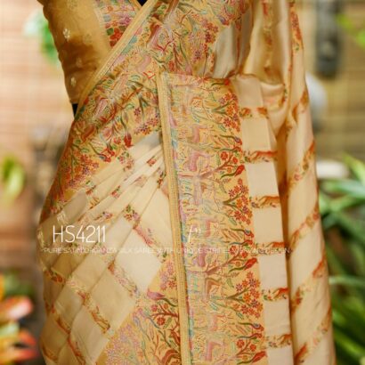 Cream Multicolor Satin Organza Silk Saree with sunset stripe pattern, rangkat dyeing, brocade border, woven buties and elegant pastel gradient design.
