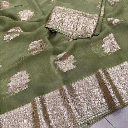 Viscose Georgette Saree with Contrast Blouse in Sage Green Gold shade featuring floral zari motifs and elegant woven border.