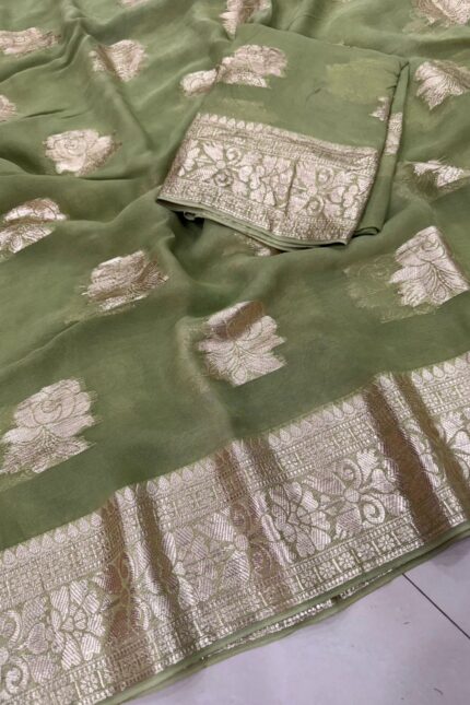 Viscose Georgette Saree with Contrast Blouse in Sage Green Gold shade featuring floral zari motifs and elegant woven border.