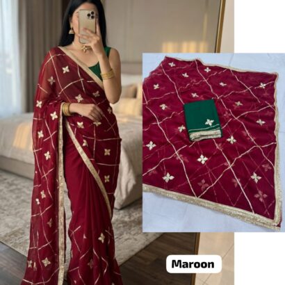 Maroon Designer Georgette Saree with Kacha Gotta work, premium royal georgette fabric, elegant festive and wedding wear saree.