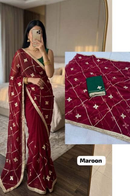 Maroon Designer Georgette Saree with Kacha Gotta work, premium royal georgette fabric, elegant festive and wedding wear saree.