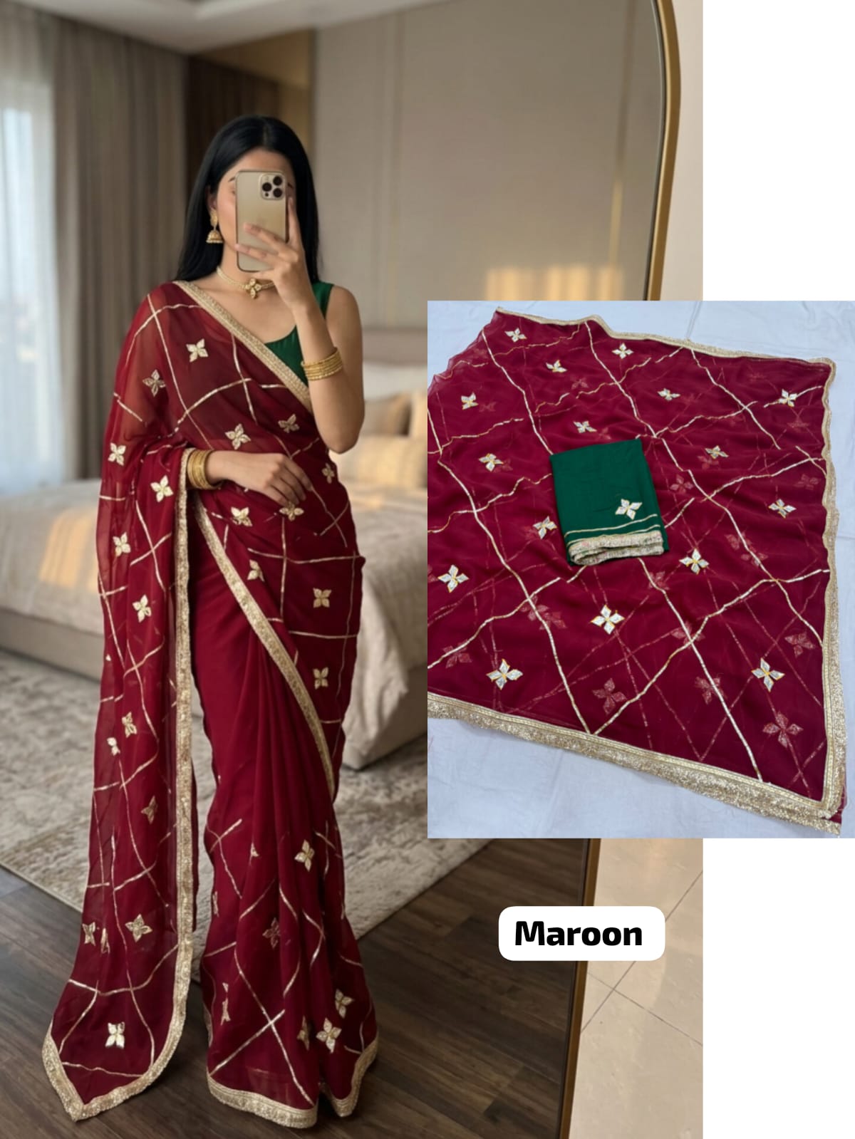 Maroon Designer Georgette Saree with Kacha Gotta work, premium royal georgette fabric, elegant festive and wedding wear saree.