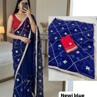 Navy Blue Designer Georgette Saree with Kacha Gotta work, premium royal georgette fabric, graceful traditional occasion saree.