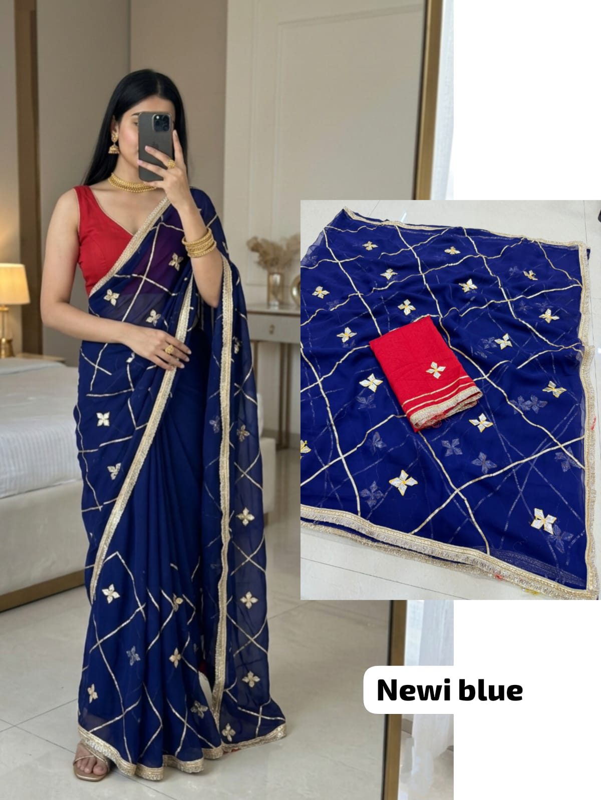 Navy Blue Designer Georgette Saree with Kacha Gotta work, premium royal georgette fabric, graceful traditional occasion saree.