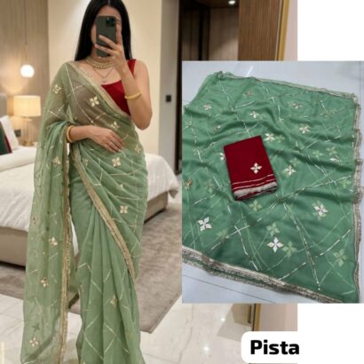 Pista Green Designer Georgette Saree with Kacha Gotta work, soft royal georgette fabric, elegant festive wear saree.