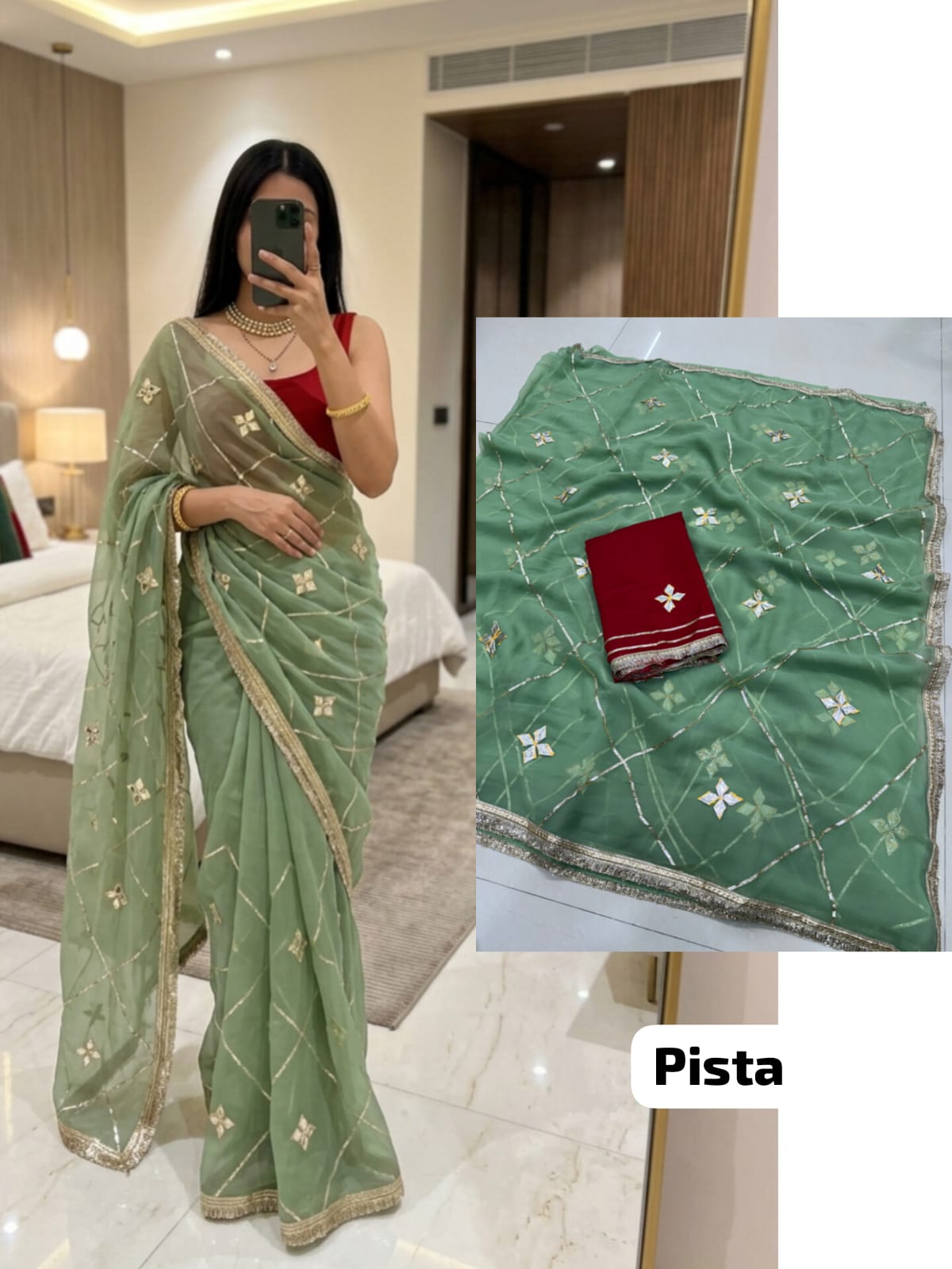 Pista Green Designer Georgette Saree with Kacha Gotta work, soft royal georgette fabric, elegant festive wear saree.